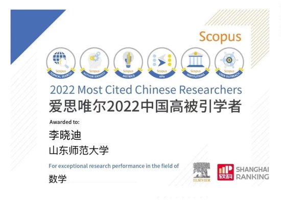 2022年李晓迪教授高被引证书