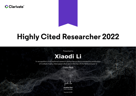 2022年李晓迪教授科睿唯安全球高被引科学家证书